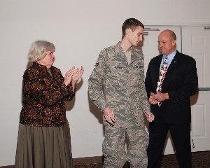 In March, the chapter recognized Senior Airman Tre Porfirio, USAF (c), for his outstanding military service and sacrifices during operation Enduring Freedom. He endured numerous surgeries following serious wounding during his tour in Afghanistan.