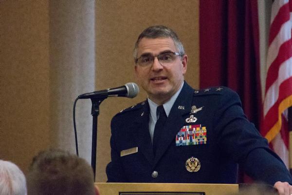 AFRL Maj. Gen. William Cooley, commander, Air Force Research Laboratory, Wright-Patterson Air Force Base, Ohio, speaks to a packed house at the February luncheon.