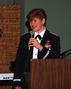 Lt. Gen. Janet Wolfenbarger, USAF, vice commander, Air Force Materiel Command, Wright-Patterson Air Force Base, Ohio, speaks at the annual Valentine's Ball, held in February.