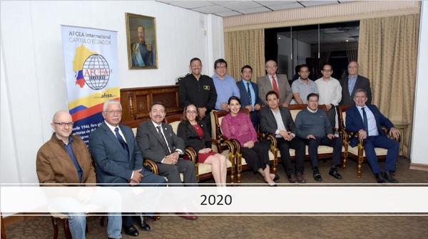 Chapter members pose for a photo. Sitting from l-r: Rafael Tenor Linares, Grad. (SP) Roque Apolinar Moreira Cedeño, Grad. (SP), Carlos Modesto Rodríguez Arrieta, María Dolores Santos Vidal, Valentina Estefania Almeida Terán, Francisco Javier Delgado Villarreal, David Villacis and Col. E.M.T. Avc. (SP) Patricio Roberto Salazar Benavides. Standing from l-r are Capt. de Navío Juan Oscar Mariscal Pérez, Mayor (SP) Patricio Eduardo Chacón Mejía, Mayor (SP)  Luis Lenin Recalde Herrera, Jaime H. Endara, Luis Pazmiño, Francisco Reyes Mena and Bruce Schulte.
In June, members of the new chapter met online for a virtual event. Photo taken at a previous event.