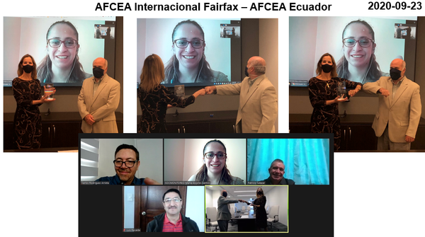 In upper photo, in September, Bruce Schulte, general manager of Aire.ec and member of the chapter (r), visits AFCEA International and meets face to face with Tina Jordan, vice president for membership, AFCEA International Headquarters. María Dolores Santos, chapter president, expresses her gratitude virtually. In the lower photo (from l to r) Carlos Rodríguez Arrieta, first chapter vice president; Maria Dolores Santos, chapter president; Col. Patricio Salazar, second chapter vice president; and Mayor Luis Recalde (Ret.), chapter treasurer, participate in a virtual visit.