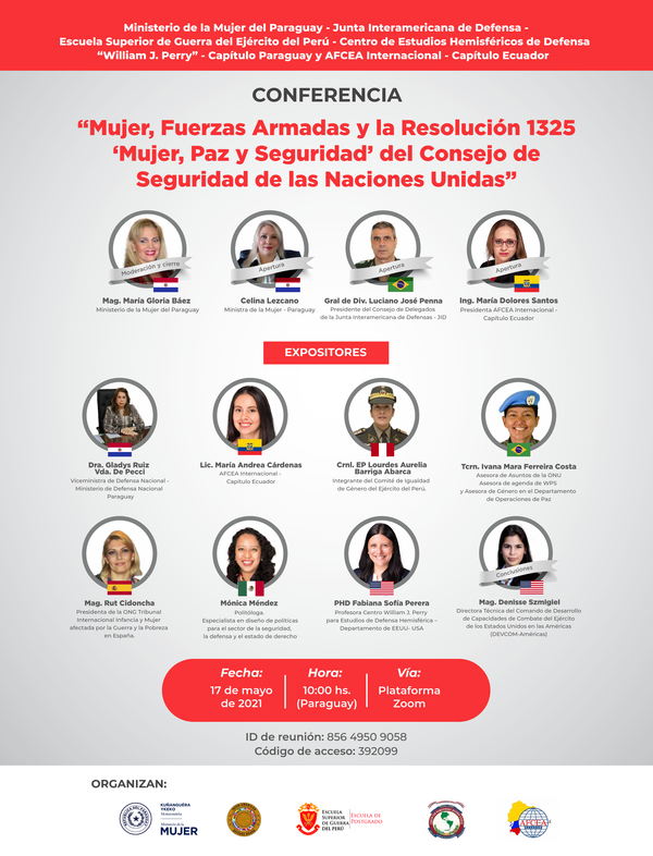 In May, during the "Women, Armed Forces and Resolution 1325" conference, members discuss the highlights of the resolution. (First line, from I to r) Maria Gloria Báez, moderator, Ministry of Women of Paraguay; Celina Lezcano, Minister of Women Paraguay; Luciano José Penna, Inter-American Defense Board; and María Dolores Santos, chapter president. (Second line from I to r) Gladys Ruiz Vda De Pecci, vice minister of National Defense Paraguay; Maria Andrea Cardenas Hidalgo; Col. EP Lourdes Barriga Abarca, Army of Peru; and Ivana Ferreira Costa, Army Brazil. (Third line, from I to r) Rut Cidoncha, NGO Court of Children and Women, Spain; Mónica Méndez, political scientist; Fabiana Sofia Perera, professor, William J. Perry Center for Hemispheric Defense Studies; and Denisse Szmigiel, U.S. Army. 
