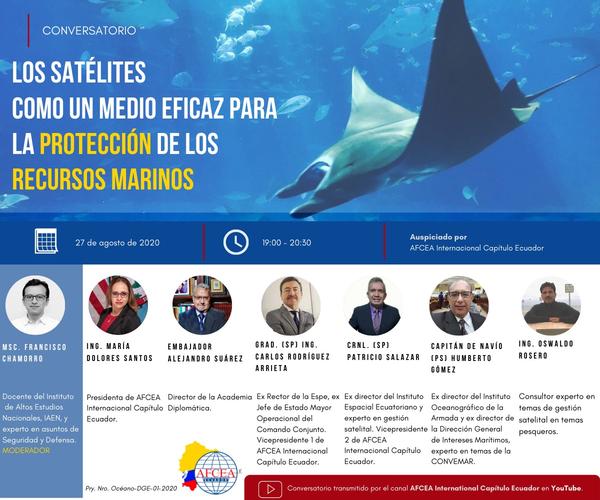 Presenters at the August event are (l-r) Francisco Chamarro, professor at the Instituto de Altos Estudios Nacionales, IAEN; María Dolores Santos Vidal, chapter president; Ambassador Alejandro Suárez, director of the Academia Diplomática; Carlos Rodríguez Arrieta, first chapter vice president, former dean of the Universidad de las Fuerzas Armadas (ESPE), former chief of staff, operational major of the Joint Command; Air Force Col. Patricio Salazar (Ret.), second chapter vice president, former director of the Instituto Espacial Ecuatoriano; Fleet Capt. Humberto Gómez (Ret.), former director of INOCAR and former director of the Dirección General de Intereses Marítimos; and Oswaldo Rosero, maritime domain management specialist.