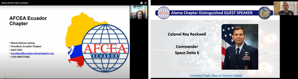 In April, María Dolores Santos, president, Ecuador Chapter, and Col. Roy V. Rockwell, USAF, commander, Space Delta 6, are guests for the Alamo Chapter's event.