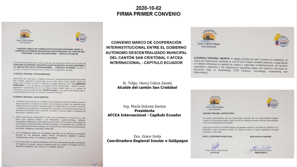 In October, the chapter signs the Interinstitutional Cooperation Framework Agreement Between the Decentralized Autonomous Municipal Government of San Cristóbal and AFCEA International Chapter Cantón – Ecuador.