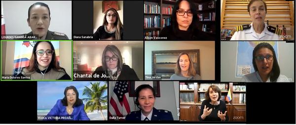 In November, (from I to r) Col. EP Lourdes Aurelia Barriga Abarca, director of the Scientific and Technological Institute of the Army of Peru; Diana Sanabria, adherent chapter member; academic coordinator at Women in AFCEA Ecuador; Alison Vásconez Rodríguez, United Nations Women's Program specialist; Capitán de Fragata Carla Monteiro de Castro Araujo, military gender advisor in the Central African Republic, United Nations; (second line from I to r) María Dolores Santos, chapter president and president of Women In AFCEA Ecuador; Chantal de Jonge Oudraat, president of Women in International Security - WIIS; Tina Jordan, vice president of membership, AFCEA International; Fabiana Sofía Perera, assistant professor at the William J. Perry Center for Hemispheric Defense Studies; (third line from I to r) María Victoria Proaño, expert in security and defense; LTC Duilia Mora Turner, chief, Women, Peace and Security Program, U.S. Southern Command; and Rosalía Arteaga, former president of Ecuador and founding member of AFCEA Ecuador Chapter, gathered online for the event.