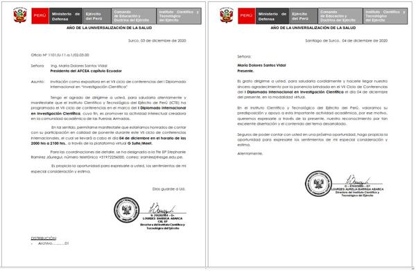 The invitation to speak and thanks for the December presentation are sent by the wife of Col. EP Lourdes Barriga, director of the Scientific and Technological Institute of the Peruvian Army.
