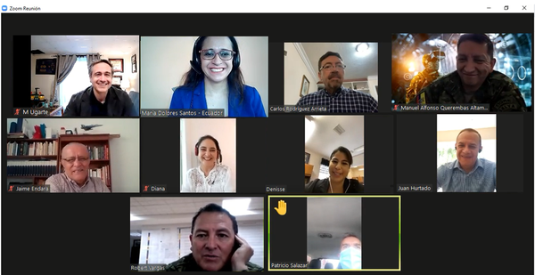 In February, (first line from l to r) Col. Ugarte, Santos, Rodríguez, Querembás, (second line from l to r) Endara, Diana Velez, Denisse Szmigiel, Juan Hurtado, (third line from l to r) Robert Vargas and Salazar assemble in a virtual meeting.