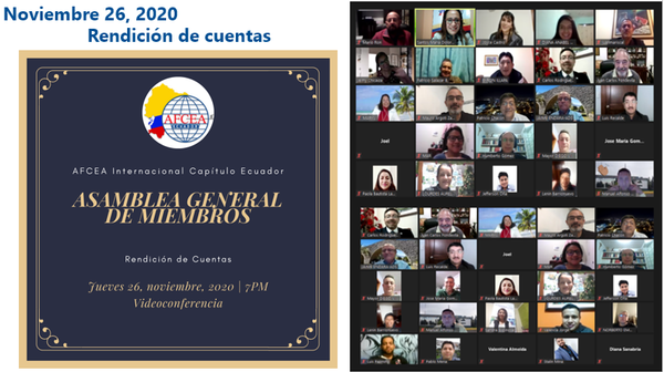 Members of the chapter include (from I-r) Mario Ron; María Dolores Santos, chapter president; Estudiante Joyce Castro; Estudiante Diana Arévalo; Captain Juan Mariscal; Jeimy Magali Chicaiza; Col. (SP) Patricio Salazar; Mgs. Byron Illapa; Grad (SP) Carlos Rodríguez Arrieta; Juan Carlos Fondevila; María Victoria Proaño; Col. (SP) Mauro Argoti; Patricio Chacón; Jaime Endara; Mayor (SP) Luis Recalde; Joel Quilligana; Mercy Anchundia; Humberto Gómez; Mayor Diego Vinueza; José María Gómez; Jenny Bautista; Col. EP Lourdes Aurelia Barriga Abarca (Perú); Jefferson Oña; Lein Barrionuevo; Manuel Querembás; Sandra Espinosa; Cbos. Jorge Valencia; Norberto Emmerich; Luis Pazmiño; Pablo Mena; Abog. Valentina Almedia; Stalin Mina; and Diana Sanabria.