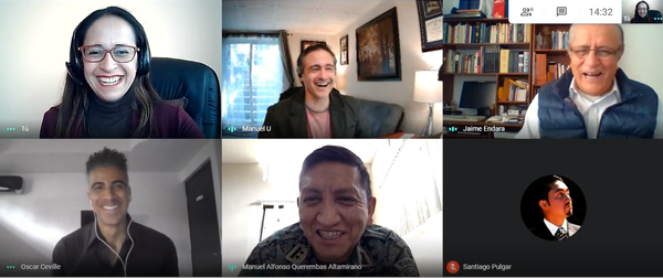 In March, (first line from l to r) Santos, Col. Ugarte, Endara, (second line from l to r) Oscar Ceville, Querembás, Santiago and Pulgar enjoy an online meeting.