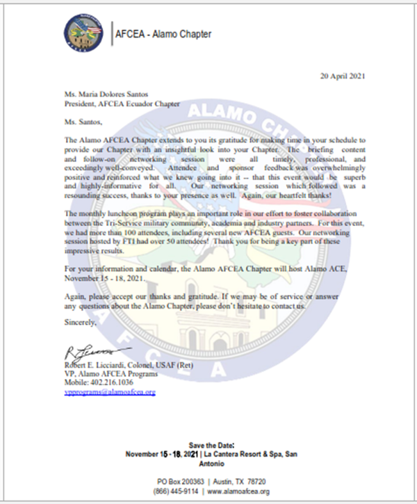 The Alamo Chapter´s thank you letter expresses gratitude and thanks to Santos for her participation in the April event.