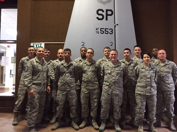 Gathering at the April membership drive are (from l) Staff Sgt. Aaron Campbell, USAF; Senior Master Sgt. William Hebb, USAF; Tech. Sgt. Tom Callan, USAF; Airman 1st Class Brandon Hicks, USAF; Airman 1st Class Andrew Aldridge, USAF; Airman 1st Class Jerald Hillard, USAF; Airman 1st Class Zackary Klima, USAF; Airman 1st Class Zackary LaLonde; Airman 1st Class Kyle Murphy, USAF; Airman 1st Class Jose Lopez, USAF; Airman 1st Class Michael Childs, USAF; Senior Master Sgt. Yara Mitchell, USAF; Staff Sgt. Cory Harley, USAF; and Master Sgt. Greg Bailey, USAF.