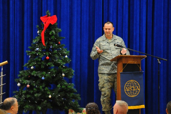 Chief Master Sgt. Brian Smith, USAF, the USAFE mission functional manager for the 3-D field, addresses the chapter at its final quarterly luncheon of 2015 in December.