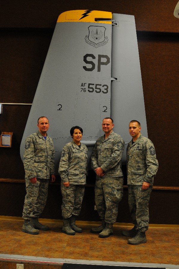 Chief Master Sgt. Smith paused for a photo opportunity with chapter leaders. Pictured (l-r) are: Master Sgt. Greg Bailey, USAF, secretary; Senior Master Sgt. Yara Mitchell, vice president; Chief Master Sgt. Smith; and Senior Master Sgt. William Hebb, president.