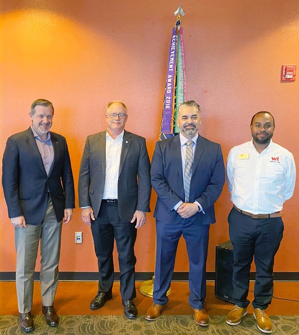 At the May luncheon, (l-r) Tigua Inc. Marketing Specialist Bianca Mireles, The University of Texas at El Paso Digital Infrastructure Manager David McCoy, Masser Technologies BD Director Andrew Hair, FBI Computer Scientist Tommy Armendariz, and Western Technical College El Paso, Texas Career Services Director Jessie Kelley, pose for a photo.