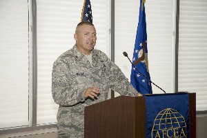 Col. Tom Byrge, USAF, commander, 3rd Combat Communications Group, Tinker Air Force Base, Oklahoma, discusses the one aircraft approach to theater deployable communications, the initiative to move to everything over Internet protocol and the importance of fielding commercially available equipment sooner than the standard three-year time frame. Col. Byrge was the featured speaker at the July luncheon.