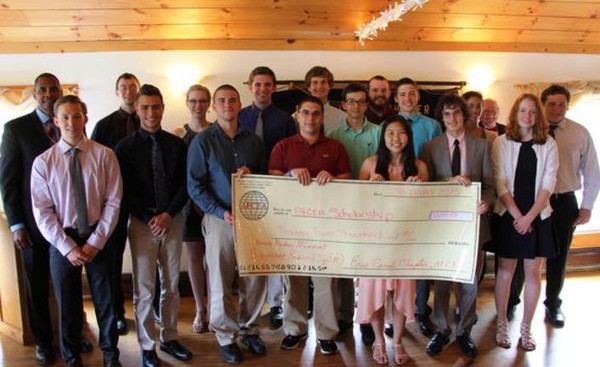 Receiving scholarships in May are (front row, l-r) Elliot Connors; Blake Haddad; Sean Furman; Benjamin Becirevic; Anna Kim; Matthew Hinshaw; Makenzi Herbst; (back row, l-r) Chapter President Rick Lockridge; Richard Collins; Claire Hardy; Tyler Brewer; Michael McDermott; Nolan Huther; John Slator; Nicholas Spina; Teresa Anken; AFCEA scholarship lead Gene Blackburn; and Peter Mastracco.
