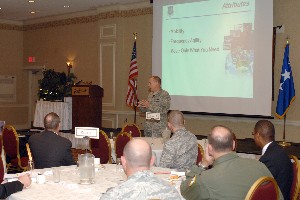 Gen. Donald J. Hoffman, USAF, commander, Air Force Materiel Command, Wright-Patterson Air Force Base, Ohio, discusses attributes of networks for the tactical environment during the August event.