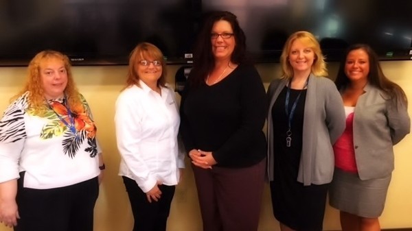 Attending the May lunch event are (l-r) Karen Barry, Kathy White,  Jeanette DeCamp, Angela Alexander-Mendoza and Jenifer Spencer. 
