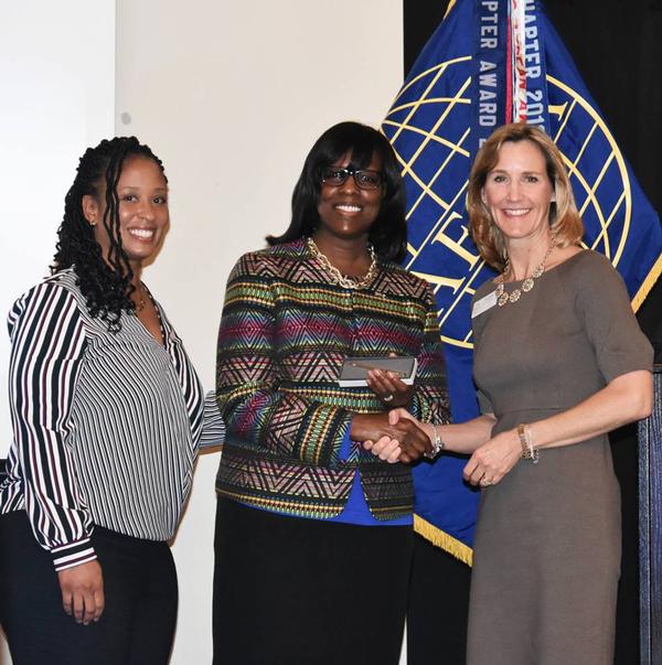 Kentucky Lt. Gov. Jenean Hampton, USAF (c), meets with Tina Jordan, vice president of region and chapter outreach, AFCEA International (r), and Kathryn Thompson, chapter vice president for Women in AFCEA, after Lt. Gov. Hampton's speech to the chapter in October. 