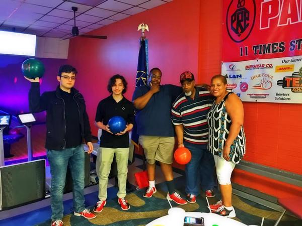 In June, chapter members (from l-r) Julian Mendoza, Noah Mendoza, Domanic Ledbetter Jr., Domanic Ledbetter Sr. and Dawn Frye go bowling to support the chapter's teacher grant.