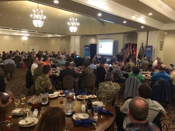 Gen. Evans speaks to a full house in March, stressing precision in talent management and innovation in technology. Photo: Angela Alexander-Mendoza