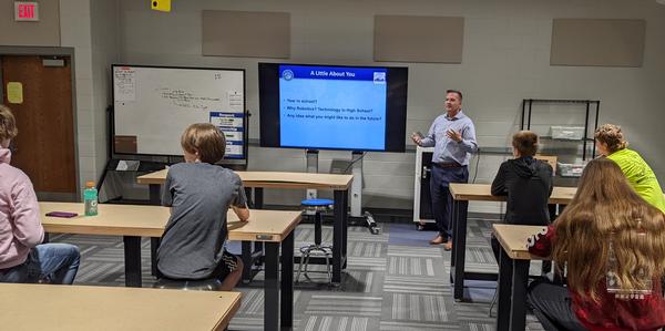 Sean Murphy, senior technical advisor for U.S. Strategic Command, C4 Systems Directorate, and guest speaker for the Robotics and Engineering classes in May at Papillion-LaVista Senior High School, Papillion, Nebraska, shares the value of technology studies across hundreds of job opportunities in and out of the U.S. Defense Department. The students were most interested in opportunities in aerospace engineering, robotics/automation and software/app development. Murphy shared with the students and teachers the opportunities for student STEM scholarships and STEM teaching grants offered through the local chapter and AFCEA International. 
