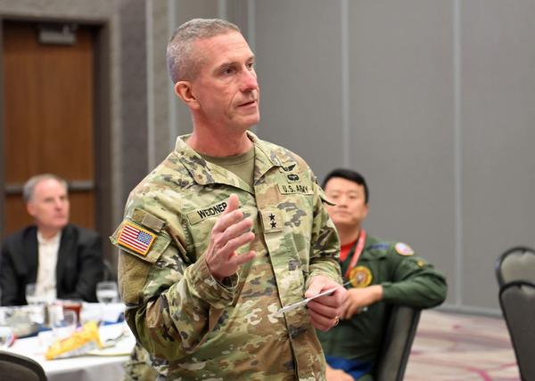 Maj. Gen. John W. Weidner, USA, chief of staff, U.S. Strategic Command, Offutt Air Force Base, Nebraska, shares his thoughts on the influences of STEM with the chapter at the June luncheon.