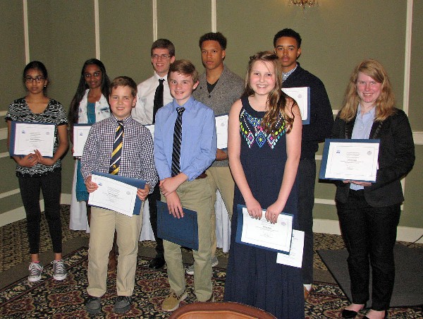 The chapter gave a total of $1,800 to winners in the Omaha Metropolitan Science and Engineering Fair, including (l-r): Anjali Pullabhotla; Shruthi Kumar; Patrick Rogers; Edward Niemann; Ethan Britt; Syriuz Pittman; Emma Boldt; Jonathon Baltimore; and Grace Erixon.  