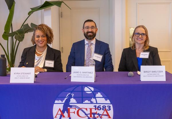 OneGov Strategy panelists Kyra Steward, Brigit Smeltzer and Jamie Martinez provide information and insights on this new government procurement strategy during the April event.