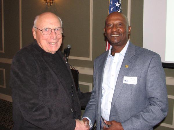 Chief Master Sgt. Alfred Buckles, USAF (Ret.) (l), shares a moment with Chief Master Sgt. Harold Haney, USAF (Ret.), at the February luncheon. Buckles was a former J-6/J-3 senior leader in the Senior Executive Service and Haney was a J-6 division chief at U.S. Strategic Command (USSTRATCOM). Both individuals have storied military, civilian and contractor service records with years of involvement in the chapter. They both have been a tremendous influence upon the footprint of IT in USSTRATCOM and around the globe.