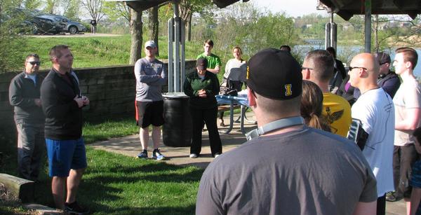 Col. Murphy kicks off the fourth chapter 5K with welcoming remarks.  The run was held at scenic Walnut Creek Lake in Papillion, Nebraska, in May. The run benefitted the chapter's STEM Scholarship and Grant Fund. 