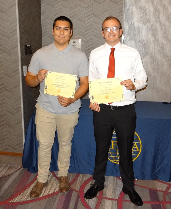 Pictured are Liam Fish (l), high school graduating senior from Papillion LaVista South High School, attending Rose-Hulman Institute of Technology, Terre Haute, Indiana, and working toward a degree in mechanical engineering; and Simon Thengvall, freshman, University of Nebraska, Lincoln, Nebraska, working toward a degree in mechanical engineering. Both students are recipients of spring scholarships from the chapter.