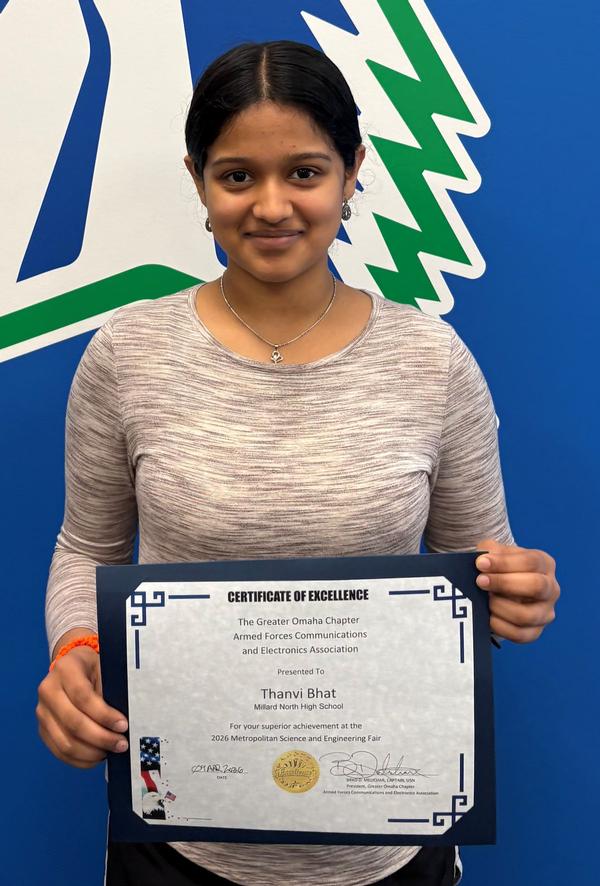 Pictured is Thanvi Bhat, Millard North High School, Omaha, Nebraska, 10th grade, SMILEForge AI. Bhat is also one of the Metropolitan Science and Engineering Fair award recipients who was unable to make it to the luncheon. A presentation was made by her principal, Aaron Bearinger, at Millard North.