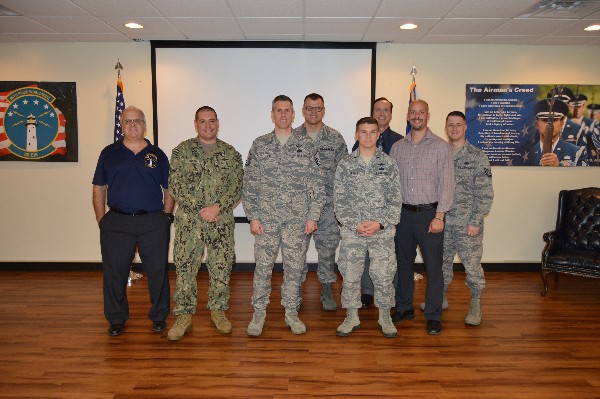 Attending the chapter meeting in October are (l-r) Frederick Blache, chapter treasurer;  Information Systems Technology Chief Petty Officer Trevor Rommelsmith, USN, programs chair; Master Sgt. David Way, USAF, chapter president; Technical Sgt. Robert Hendrickson, USAF, chapter secretary; 1st Lt. Eric Nevins, USAF, chapter vice president; Christopher Waltman, guest speaker; and Technical Sgt. Douglas Fulmer, USAF, chapter webmaster.