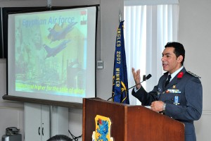 Col. Bahaael din Khaled, EAF, Information Systems Branch Headquarters, discusses the Egyptian air force's communications division during the chapter's March meeting.