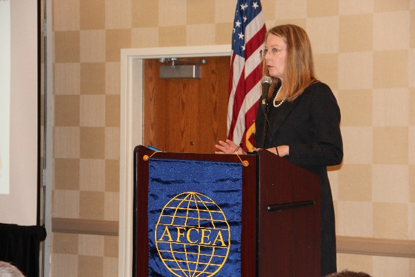 Monica Shephard, deputy vice director, Joint Staff J-7, delivers a speech titled 