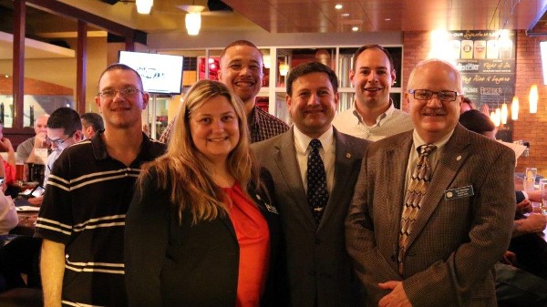 Attending the chapter's Young AFCEAN networking social are (l-r, front to back) Christy Fanelli, Dave Pereira, Neil Bourassa, Wayne Murray, Michael Feggans and Alex Brown.