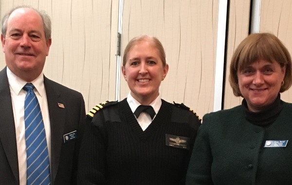 (l-r) Chapter President Palmer Sims joins speaker Capt. Katherine Mayer, USN, deputy assistant chief of staff, Naval Information Forces and Women in AFCEA Award winner Teresa Duvall at the chapter's February luncheon. 
