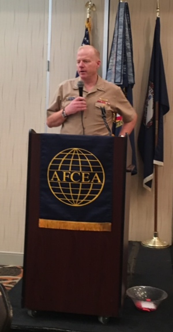 Rear Adm. Jeffrey R. Penfield, USN, commander, Operational Test and Evaluation Forces, guest speaks at the luncheon in April.