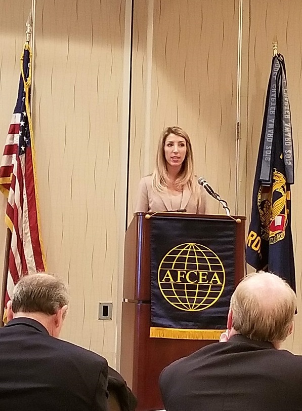 Hallie Balkin, program attorney for Program Executive Office Command and Control, Communications, Computers at SPAWAR Headquarters, gives a presentation on the other transaction authority process at the chapter's January luncheon.