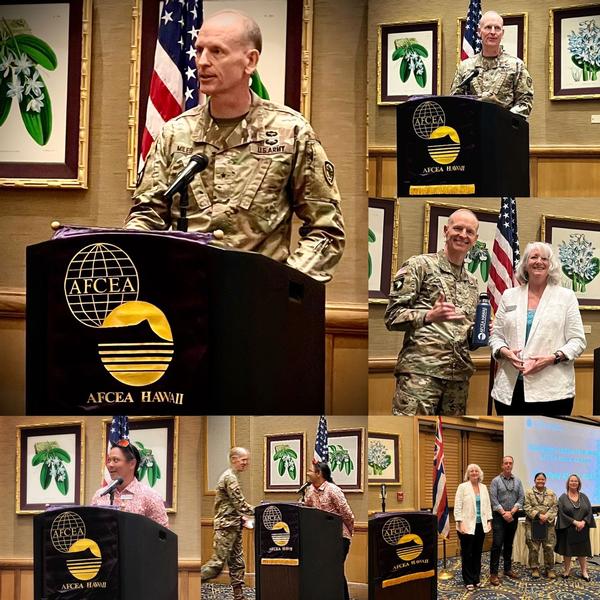 Bottom left: Makana Anicas, chapter vice president for events  introduces Brig. Gen. Mark Miles, USA, Indo-Pacific Command J6.<br /><br />Middle Right: Chapter President Linda Newton thanks Gen. Miles with a lei and AFCEA Hawaii water bottle<br />Bottom Right: Newton shares a photo opportunity with the three "Of-the-Month" awardees: Emerging Leaders - Staff Sgt. Ruby Alcaide USAF; Stephen Cole, senior government leader, Pacific Air Forces Cyberspace Systems Squadron; and Moune Tabalno, executive leader, Lumen.