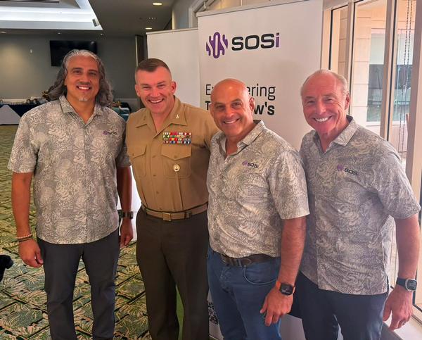 Pictured are (l-r) Neal Faradineh, senior account executive, SOSi; Col. Michael "Toby" Hlad, USMC, commander, Defense Information Systems Agency Pacific; Julian Setian, president and CEO, SOSi; and Frank Helmick, senior vice president, Mission Sustainment Solutions, SOSi, at the August event.