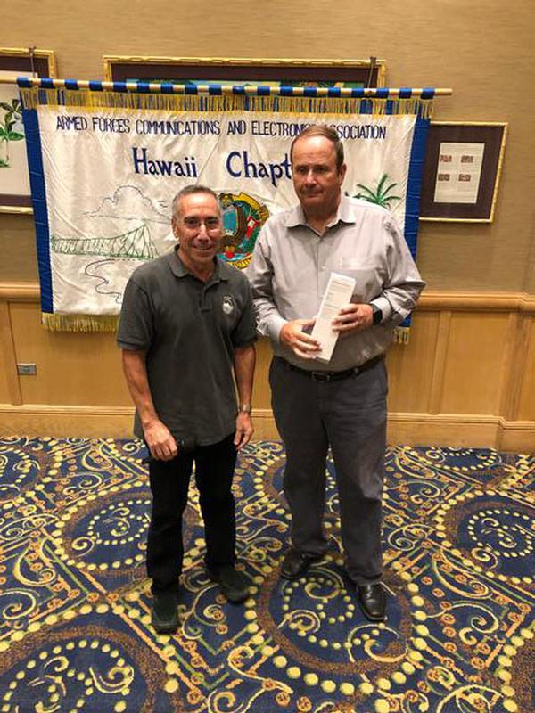 Jeff Bloom, chapter president (l), and Stephenson pose for a photo at the July meeting.