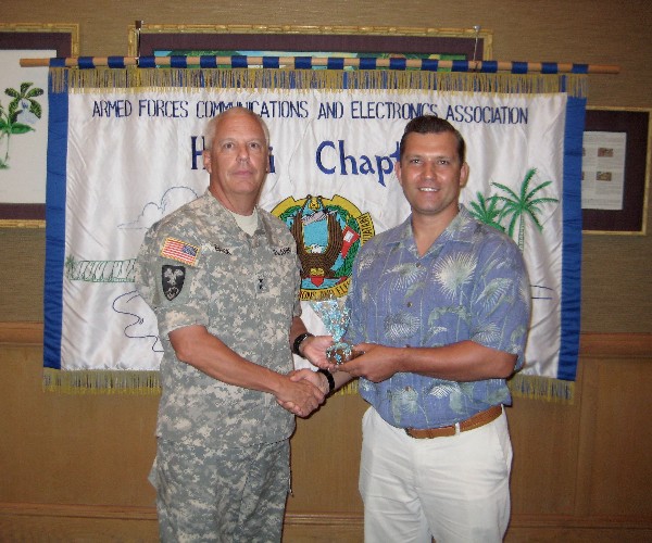 Chapter President Jim Muller (l) thanks July guest speaker Maj. Gen. Lawrence W. Brock III, commanding general, 311th Signal Command (Theater), for his presentation.
