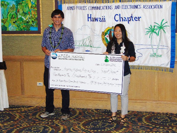 Andrew Millard receives the Lt. Gen. Thomas Rienzi, USA (Ret.), Scholarship, and Adria Fung receives the Donna Russell Distinguished Service Science, Technology, Engineering and Mathematics (STEM) Teacher Scholarship from the chapter in October.