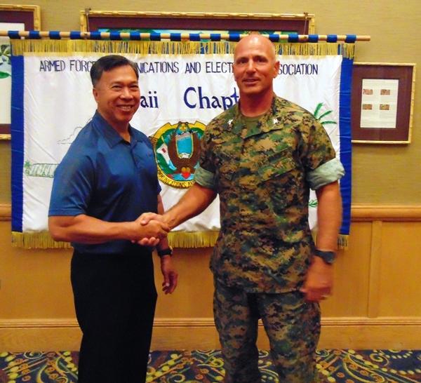 Attending the luncheon in July are Chapter Executive Vice President Barry Fong (l) and guest speaker Col. Joseph Matos, USMC, senior information technology officer, U.S. Marine Corps Forces Pacific.