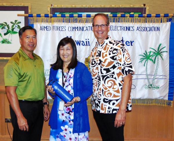 Attending the luncheon in August are (l-r) Barry Fong, chapter executive vice president; guest speaker Jody Ito, information security officer, University of Hawaii; and guest speaker Steve Auerbach, director, Pacific Center for Advanced Technology Training.
