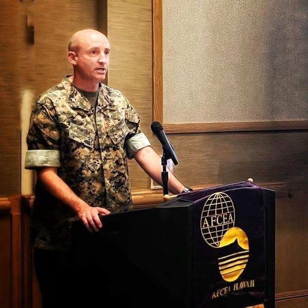 As guest speaker for the chapter's January luncheon, Jared C. Voneida, USMC, commander, the Defense Information Systems Agency (DISA) Regional Field Command Pacific, shares DISA Pacific priorities for preparedness within the Indo-Pacific area of responsibility. 