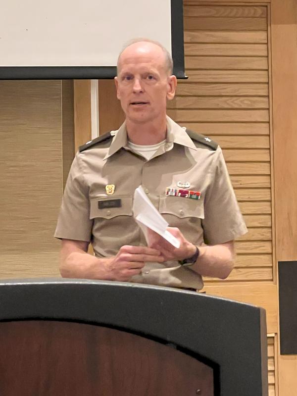 Brig. Gen. Mark Miles, USA, J6, U.S. Indo-Pacific Command, addresses the audience at the August event.